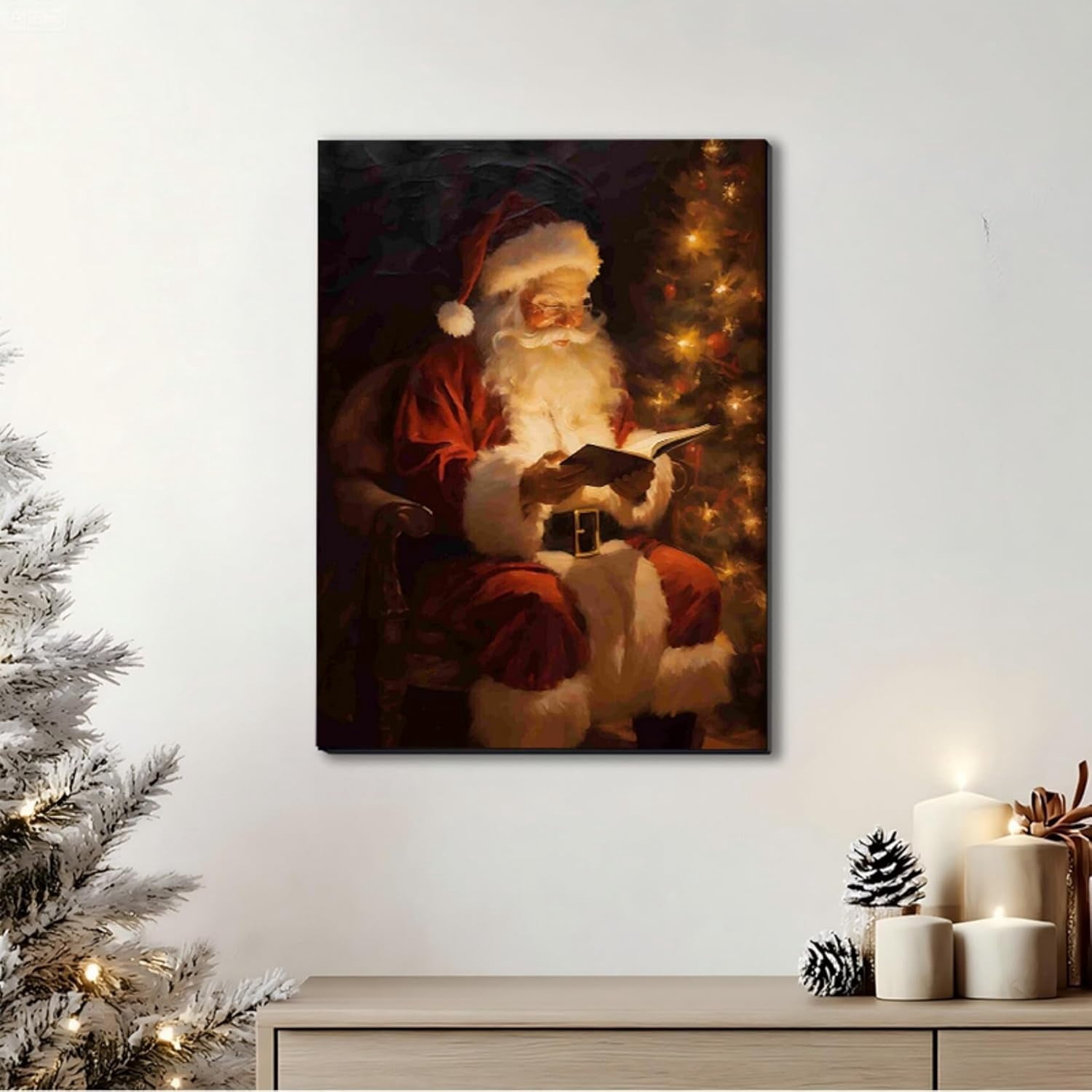 Christmas Reindeer Wall Art Framed, Cottage Winter Forest Wildlife Deer Picture Wall Decor, Rustic Xmas Cozy Winter Hanging Canvas Prints for Home Bedroom Living Room Decoration