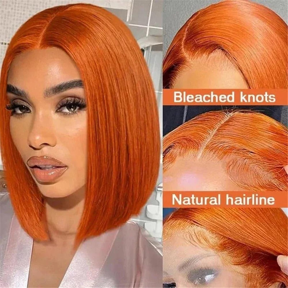 Lace Front Short Wig Orange Ginger Straight T Part Lace Transparent Frontal Wigs Human Hair
