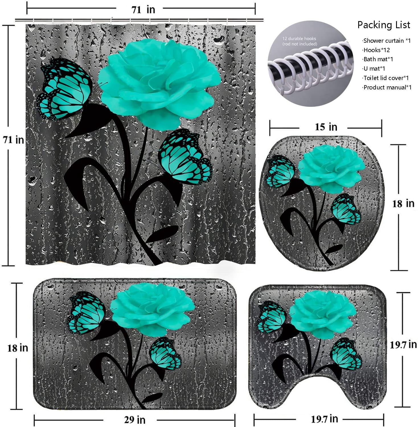 4 Pcs Bathroom Set,Orange Rose Shower Curtain Sets, Romantic Shower Curtain Sets with Rugs(Bath Mat,U Shape and Toilet Lid Cover Mat) and 12 Hooks
