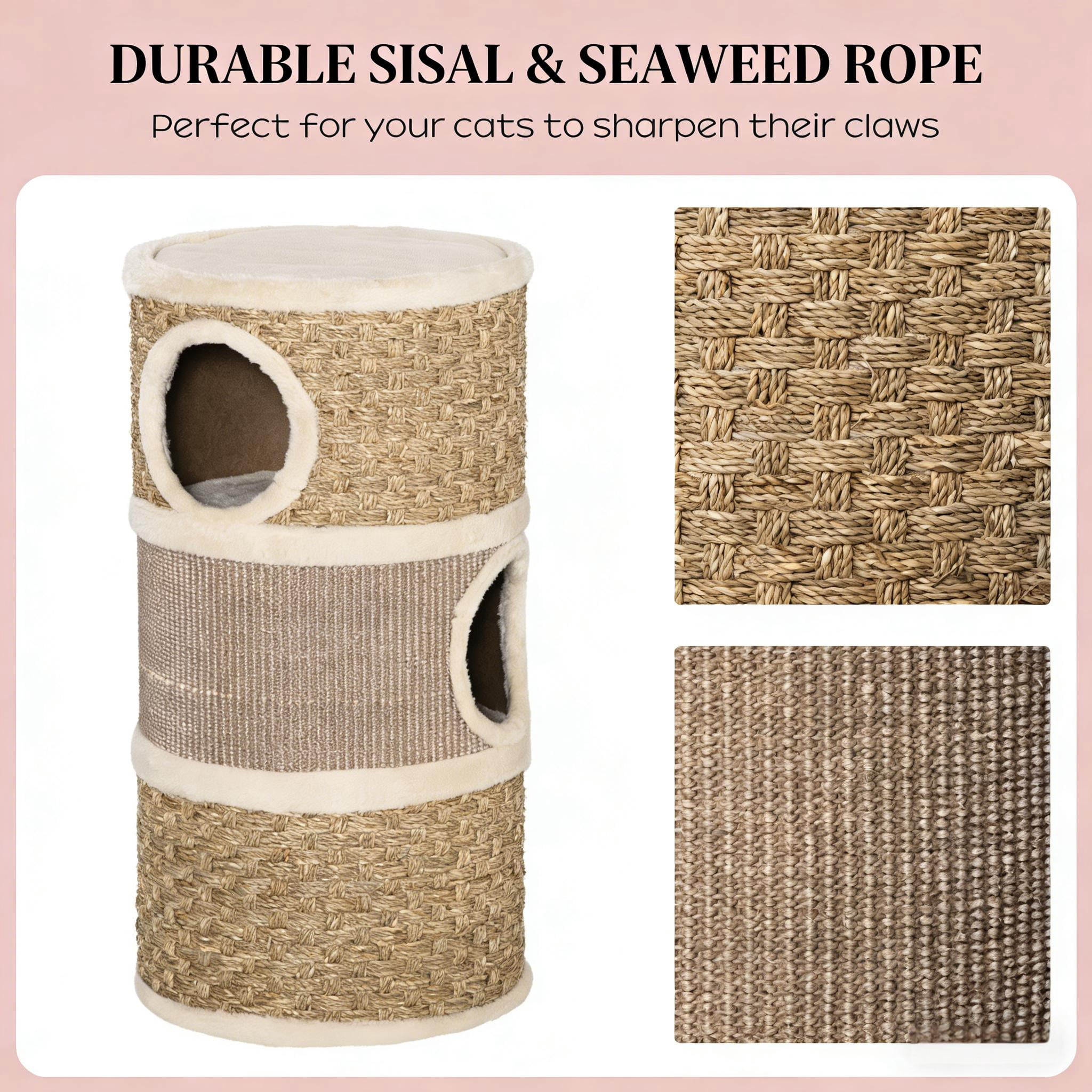 27.5" Cat Condo Barrel Shaped Cat Hideaway, 3-Tier Cat Tower with Plush Lining, Sisal & Seaweed Scratching Pads, Sturdy Particleboard No Assembly Cat House for Cats Under 9 lbs