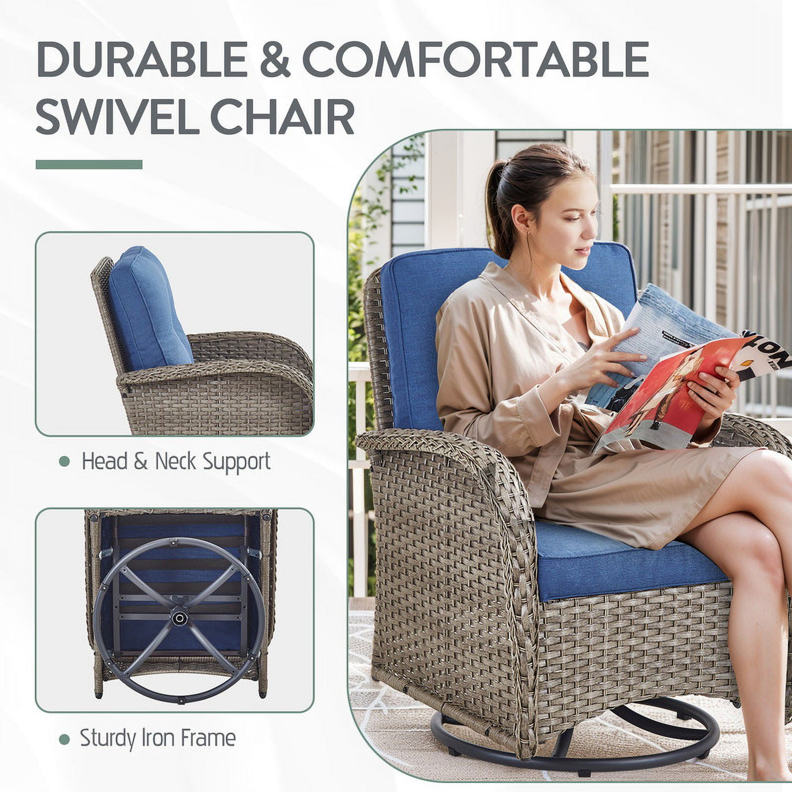 PARKWELL 6-Piece Outdoor Patio Conversation Set,Wicker 7-Seat High Back Furniture with Sofa, Swivel Gliders and Ottomans,Gray Wicker Navy Cushions