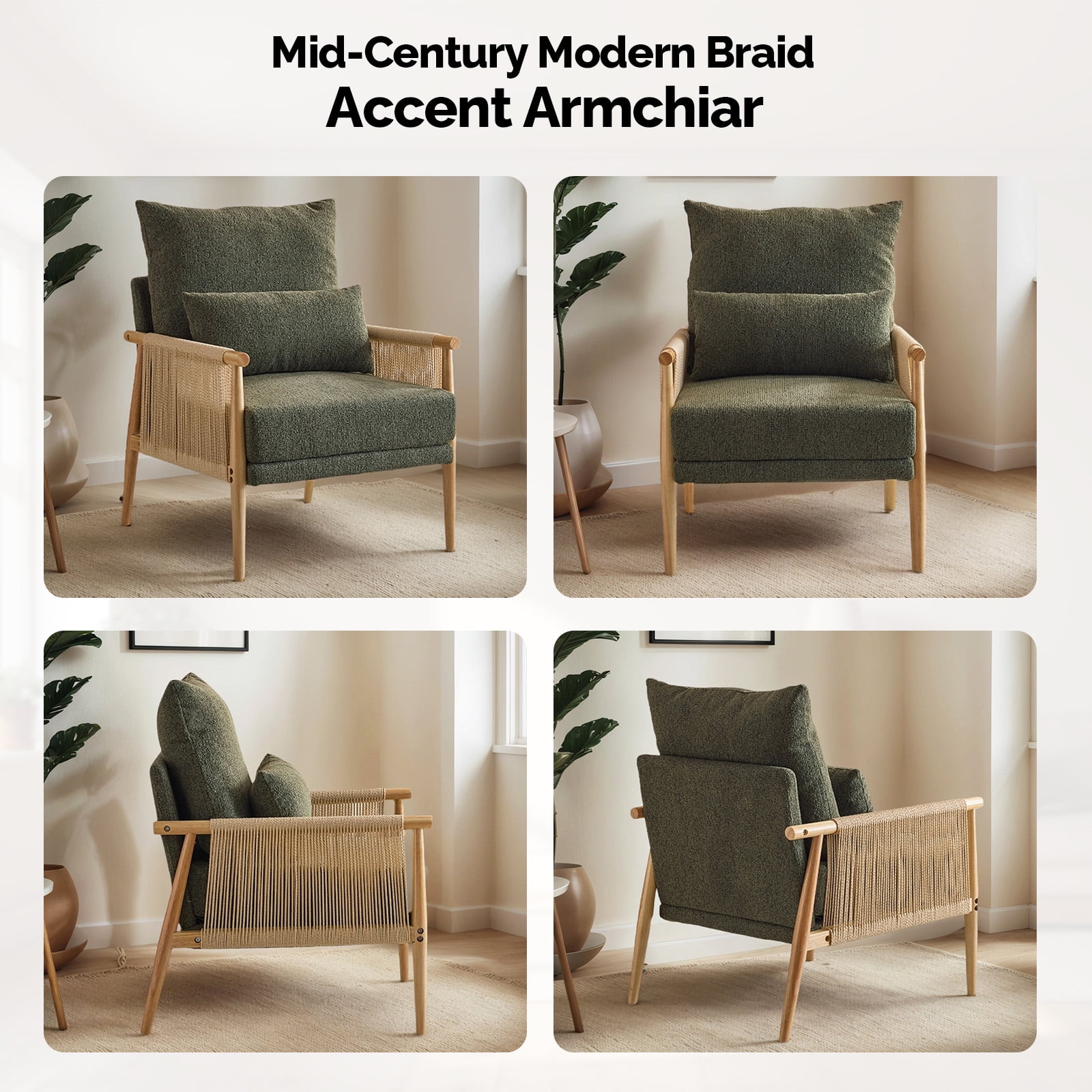 Ktaxon Accent Chair, Solid Wood and Jute Rope Armrests Armchair, Single sofa with Lumbar Pillow for Living Room Bedroom Office Dark Green