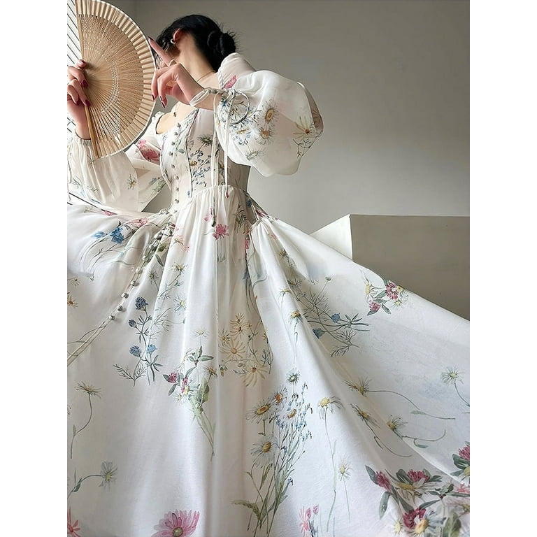 ワンピース French Bouquet Puff Sleeve Dress Xkiss French Elegant Floral Chiffon Midi Dress, Long Sleeve