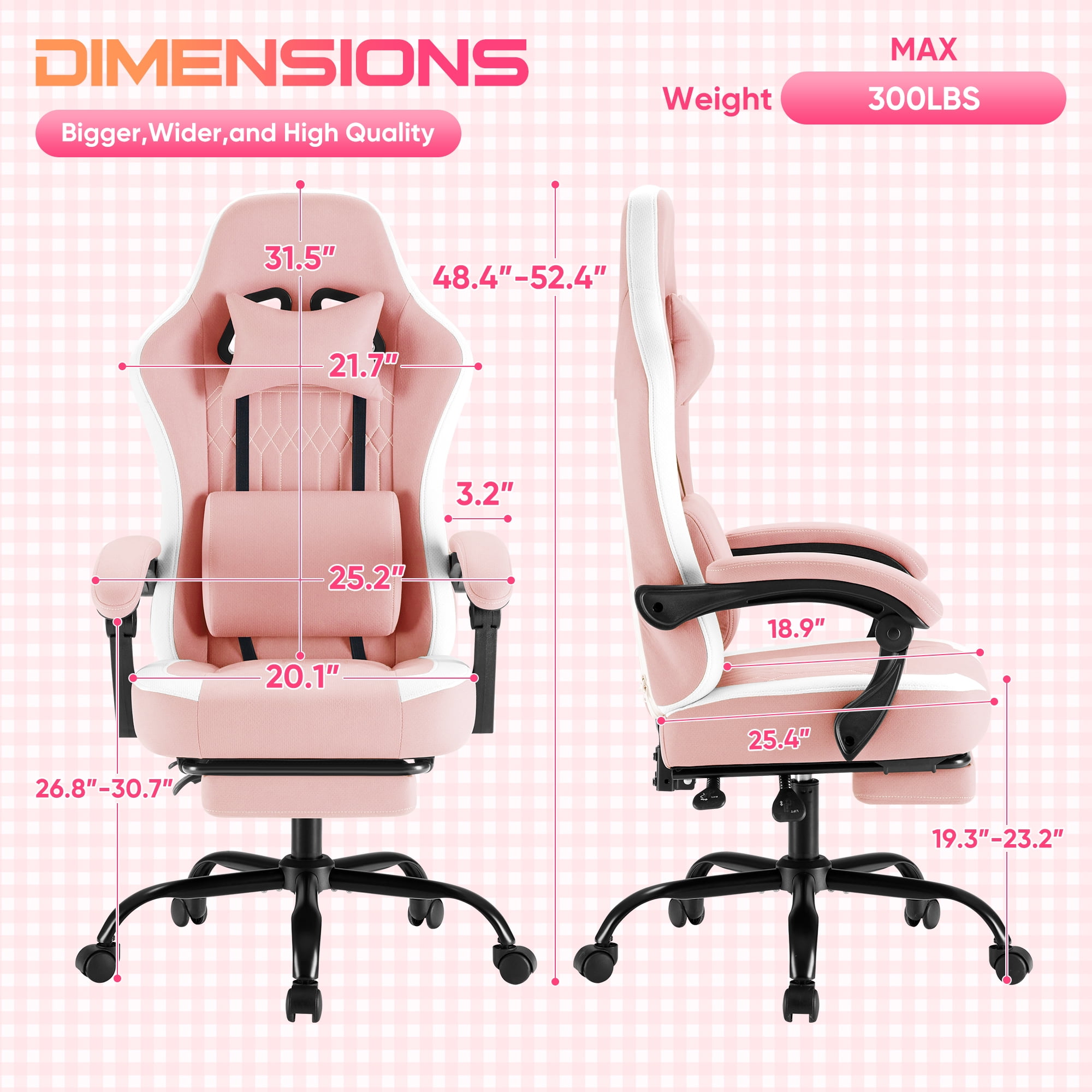 Gianna Ergonomic High‑Back Computer Gaming Chair with Footrest with Adjustable Height, Lumbar Support & Headrest, Pink