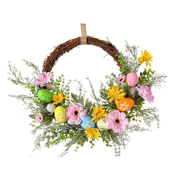 Adorno de pared con corona de Pascua, decoraciones de Pascua, flores de seda de primavera. Estilo B
