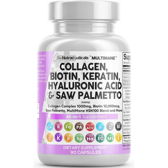 Clean Nutraceuticals Collagen Pills 1000mg Biotin 10000mcg Keratin Saw Palmetto Hyaluronic Acid - Hair Skin & Nails Vitamins & DHT Blocker with Vitamin E Folic Acid Pumpkin Seed MSM - 90 Count