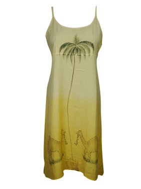 Mogul Women Sleeveless Tank Dress Beautiful Yellow Printed Beach Sundress L