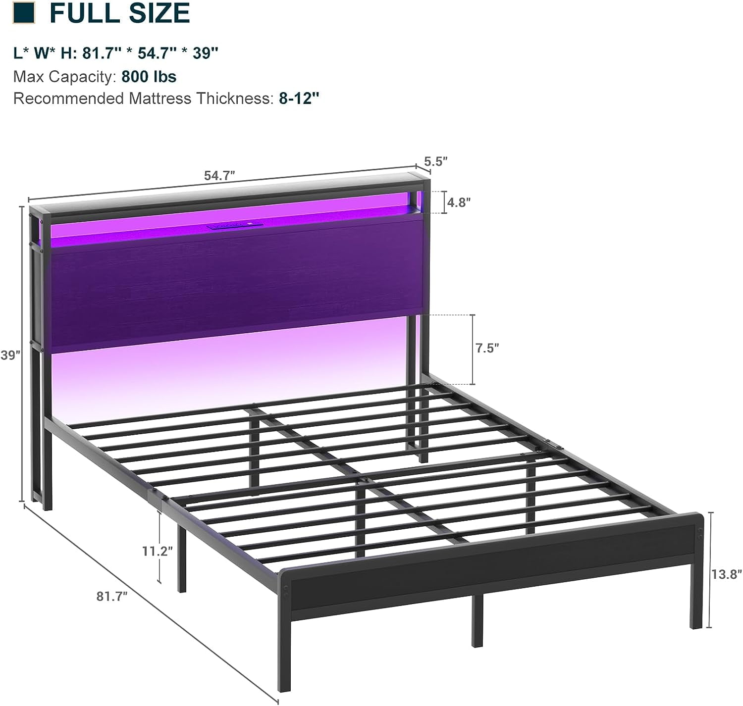 Homieasy Full Size Bed Frame with Charging Station and LED Strips, Industrial Platform Bed with Headboard and Storage, Steel Slat Support, No Box Spring Needed, Noise-Free, Easy Assembly, Black