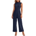 thumbnail image 3 of Women's Soft Fabric Straight Leg Jumpsuit with Pockets, Mid Elastic Waist Back Zipper Solid Color, Casual Loose Fit One Piece, Lounge Outdoor Travel Work, Womens | VerBelle,Navy S, 3 of 8