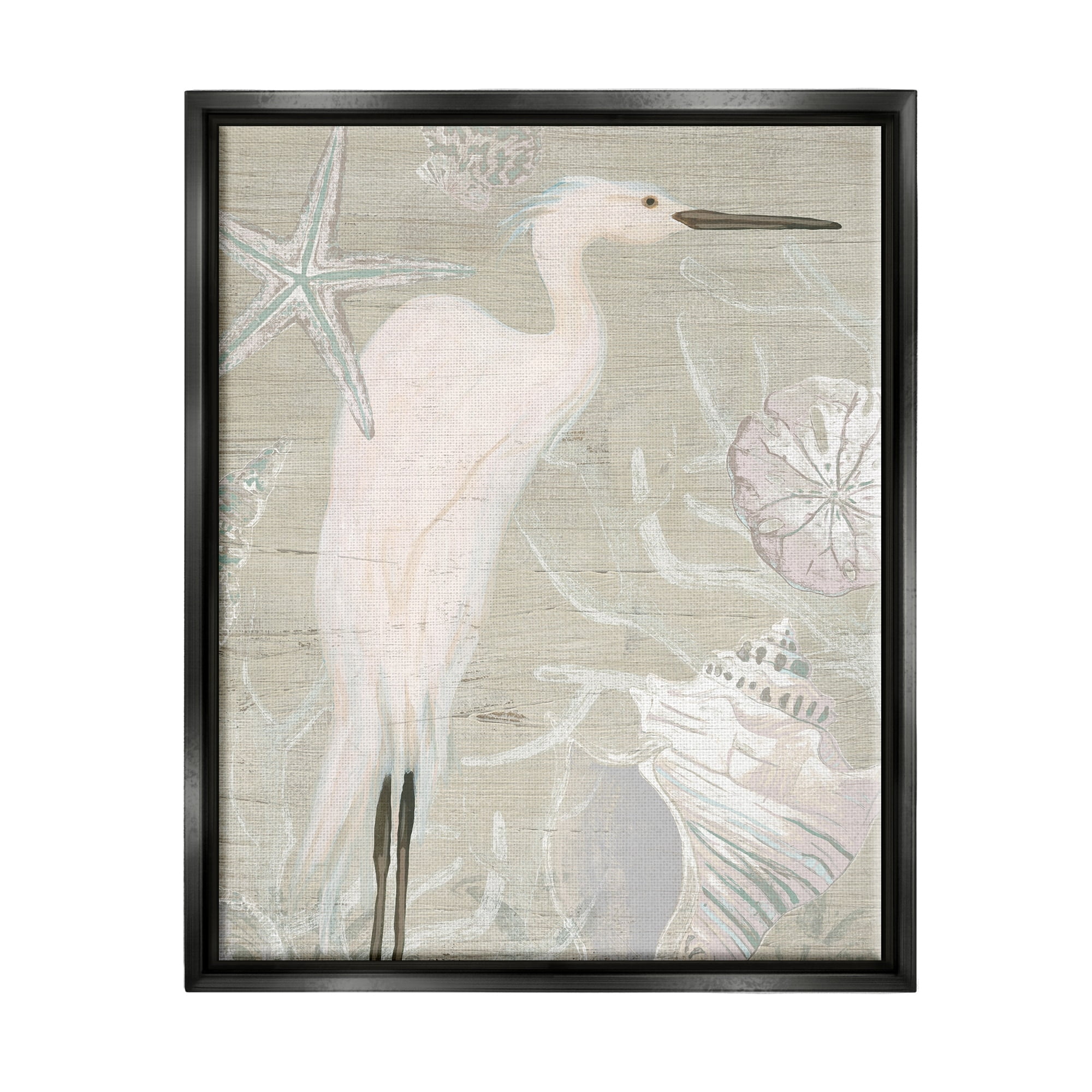 Stupell Industries White Egret Seashells Starfish Rustic Grain Pattern Graphic Art Jet Black Floating Framed Canvas Print Wall Art, Design by June Erica Vess
