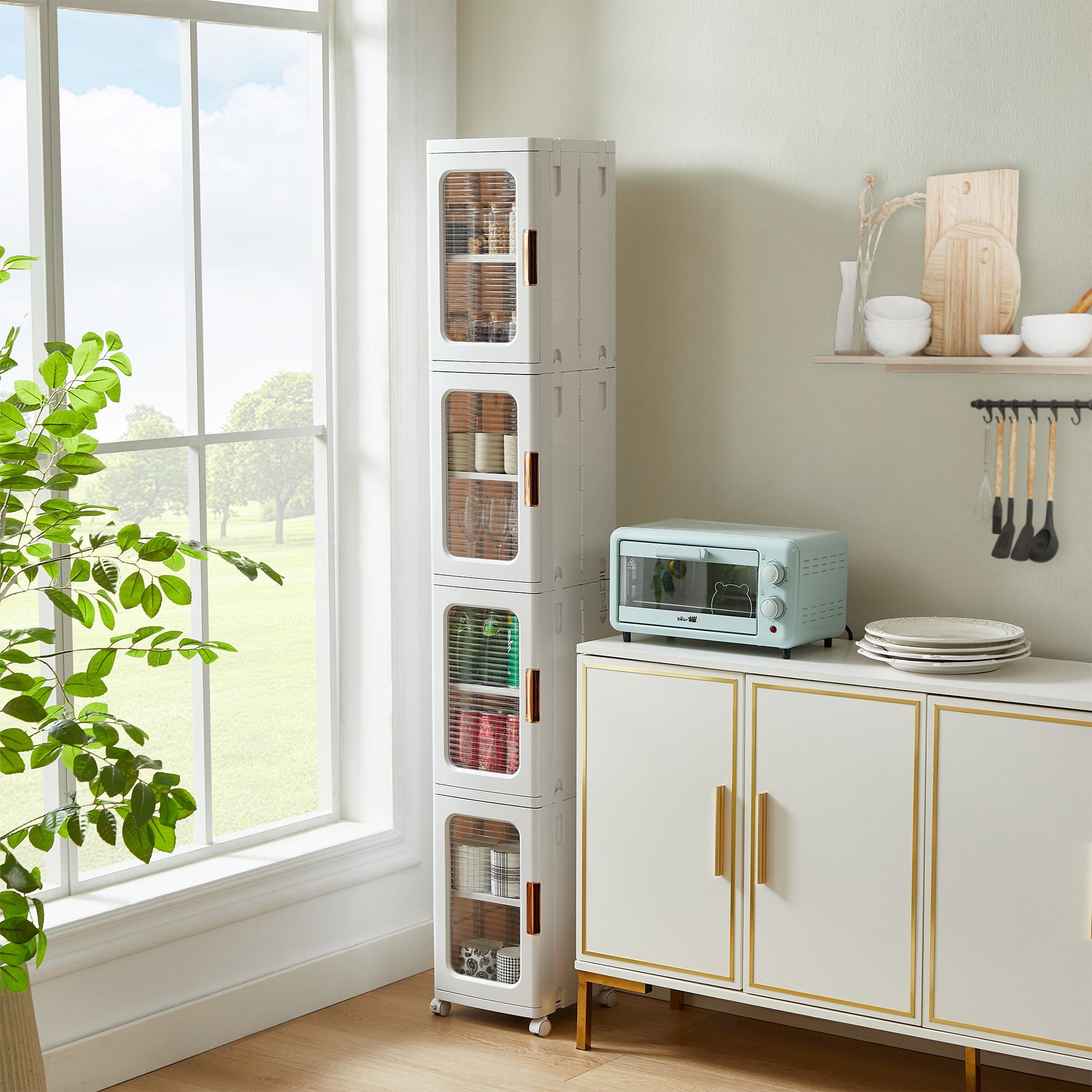 Slim Narrow Plastic Storage Cabinet with Adjustable Shelves, Doors & Wheels, Waterproof & Dustproof Design,White