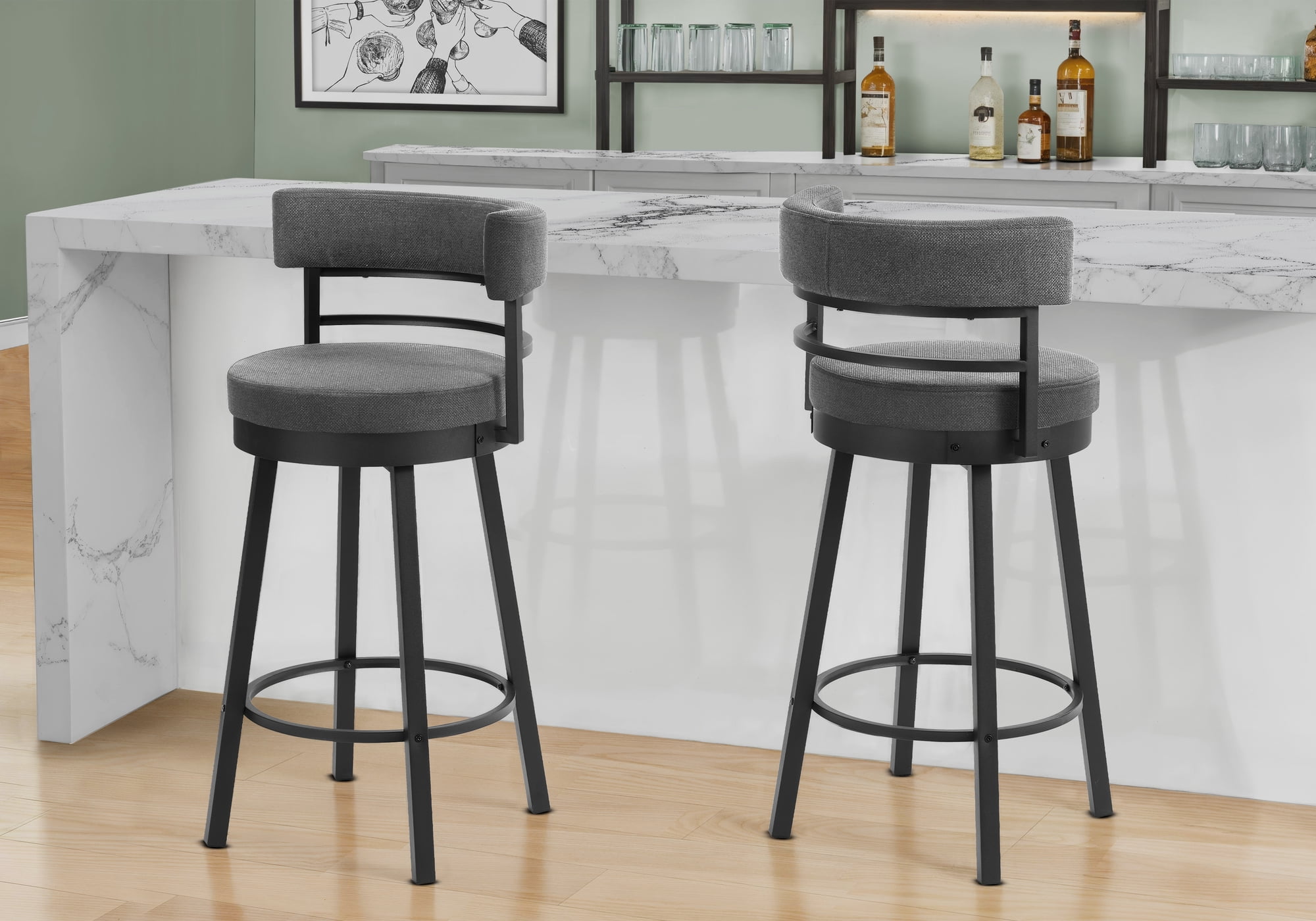 Monarch Specialties - I 2303 Barstool, 39" Height, Swivel, Bar Height, Set Of 2, Grey Fabric