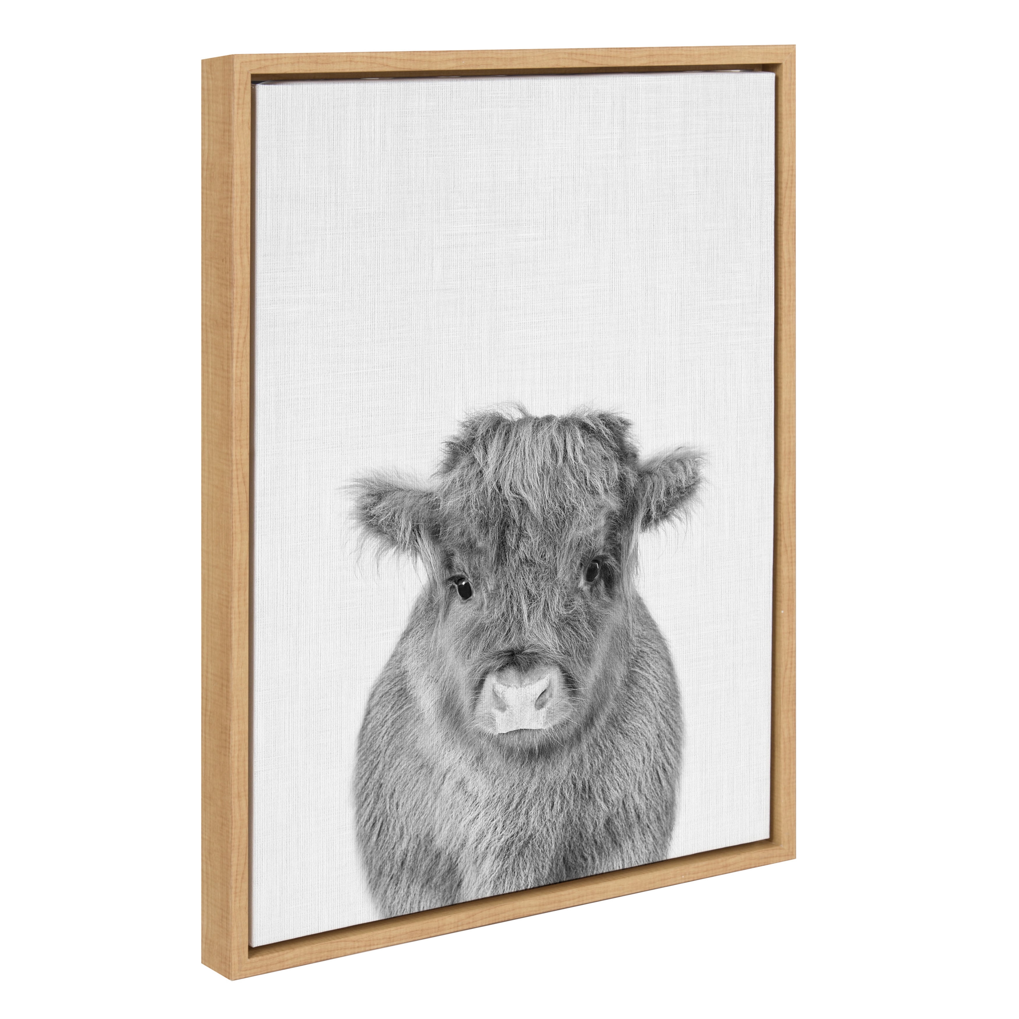 Kate and Laurel Sylvie Baby Calf, Farm Animal Print Black and White Portrait Framed Canvas Wall Art, Natural, 18x24