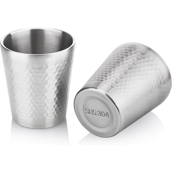 Zeokiar Set of 2 Stainless Steel Cups, 10oz/300ml Silver Surface Dot Texture Metal Cups, Perfect for Cold Drinks, Stackable Double Wall Steel Mug, Heat Resistant Dishwasher Safe