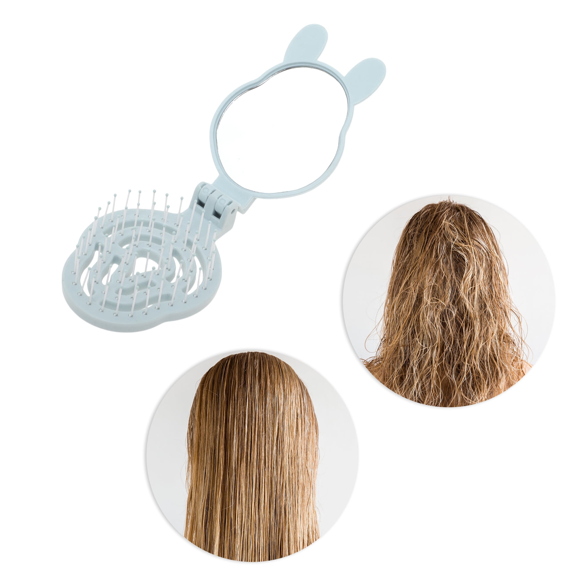 Unique Bargains 1 Pc Rabbit Shape Foldable Mirror Comb for Hair Styling Blue
