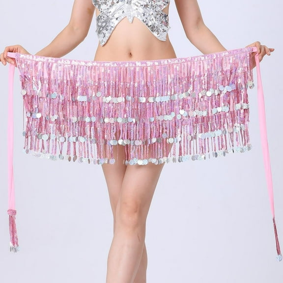 Sequined Fringed 4-Layers Drawstring Closure Belly Dance Waist Chain Skirt Hip Scarf Latin Skirt,pink