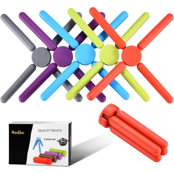 KSENDALO 5 Pack Foldable Silicone Trivet for Hot Dishes, Thick Folding Trivets, Space Saving for Kitchen, Multi Colors