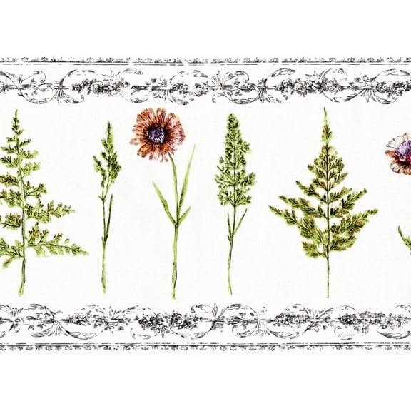 TRIMZ, Botanical Wildflowers Ferns, Wallpaper Border, Pre-pasted, 15 ft L x 10.25 in W, Black, White, Green