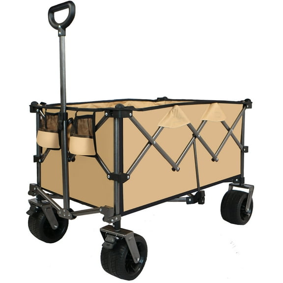 Folding Garden Carts Heavy-Duty 360lb Capacity Foldable Utility Wagon – All-Terrain Quiet Wheels, Adjustable Handle & Cup Holders for Camping, Gardening, Picnic, Sports, and Shopping, grayish- brown,