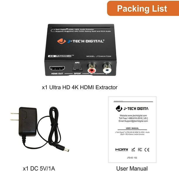 J-Tech Digital 4K HDMI to HDMI and Audio (RCA Stereo or SPDIF) Extractor Converter De-embedder | HDMI ARC Optical [JTD4KATSW] - Walmart.com