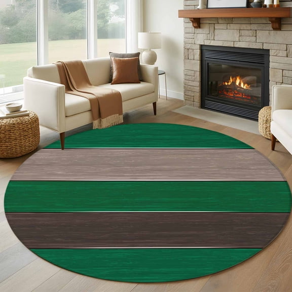 Green Brown Wood Grain Round Area Rug 5Ft Washable Circle Rugs for Living Room Bedroom, Farmhouse Country Vintage Geometric Non-Slip Carpet Floor Mats Indoor Outdoor Carpet Runner Home Decor