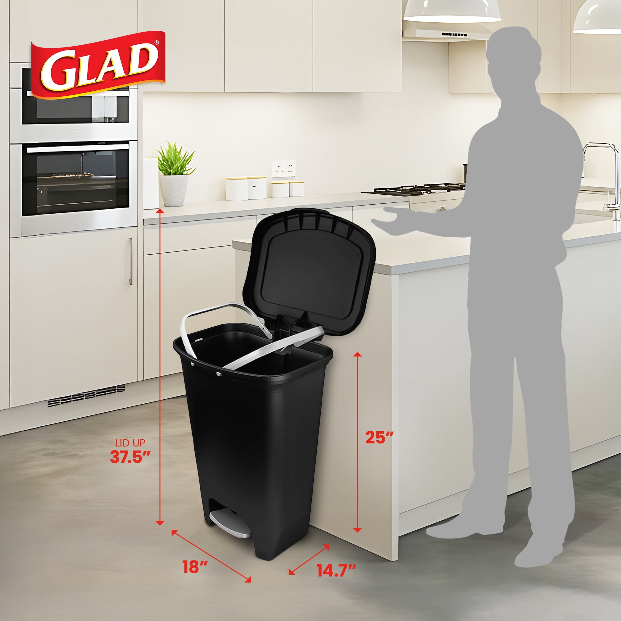 Open Box Glad Trash Can w/Lid, Foot Pedal & Garbage Bag Rings, 13 Gal, Black