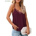 thumbnail image 3 of BadPiggies Women's Cami Tank Top Sexy V Neck Strappy Lace Trim Casual Sleeveless Blouse Shirts Solid Color Camisole (S, Wine Red), 3 of 4