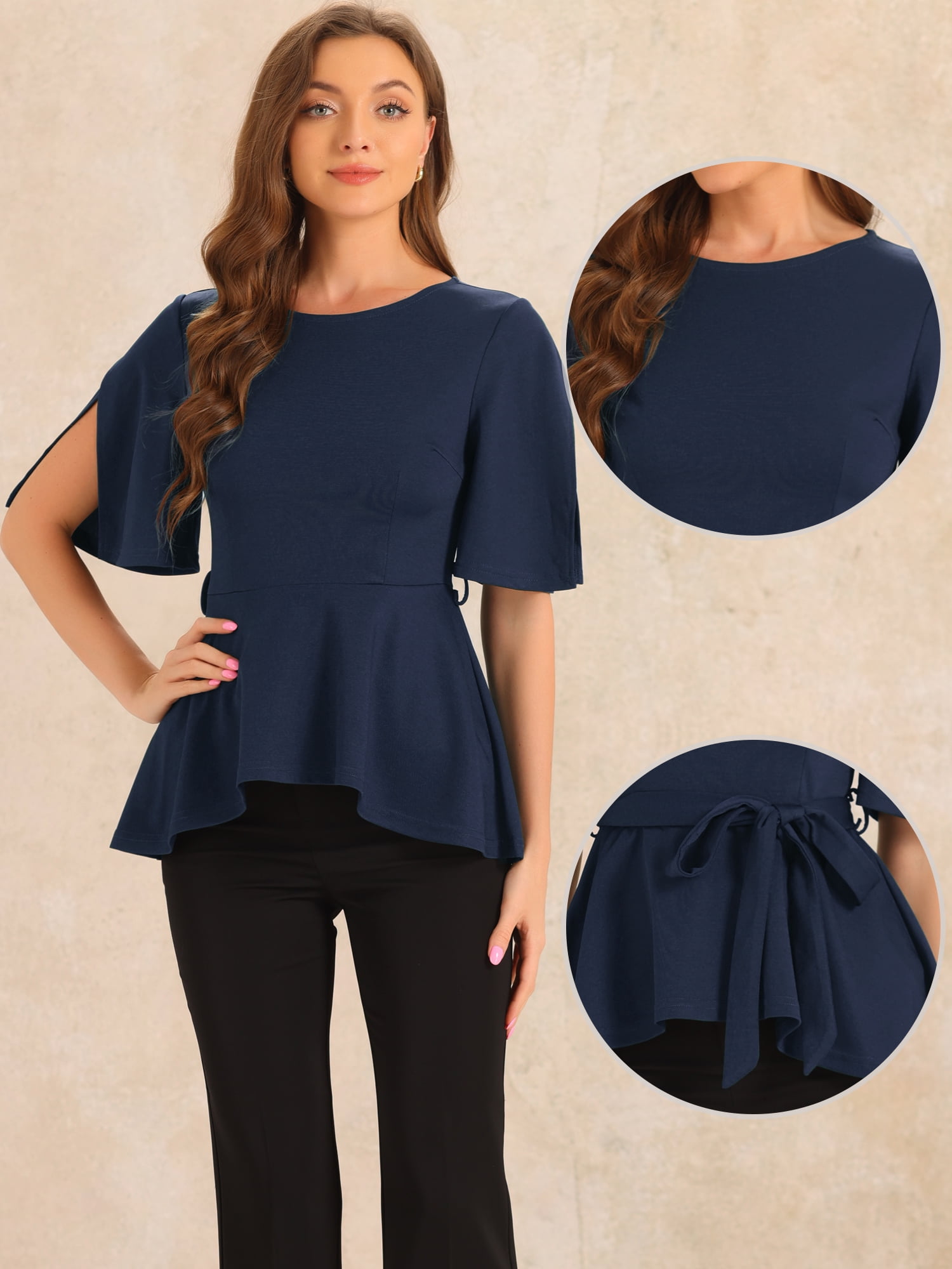 DARING DIVA Women's Crew Neck Belted Knot Drap Peplum Blouse XS Dark Blue