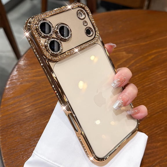 Glitter Diamond Case for iPhone 17 Pro Max Clear Built in Shiny Camera Protector 17 Pro Max Case Women Girls Cute Bling Sparkle Luxury Plating Soft TPU Shockproof Protective Phone Cover 6.9", Gold