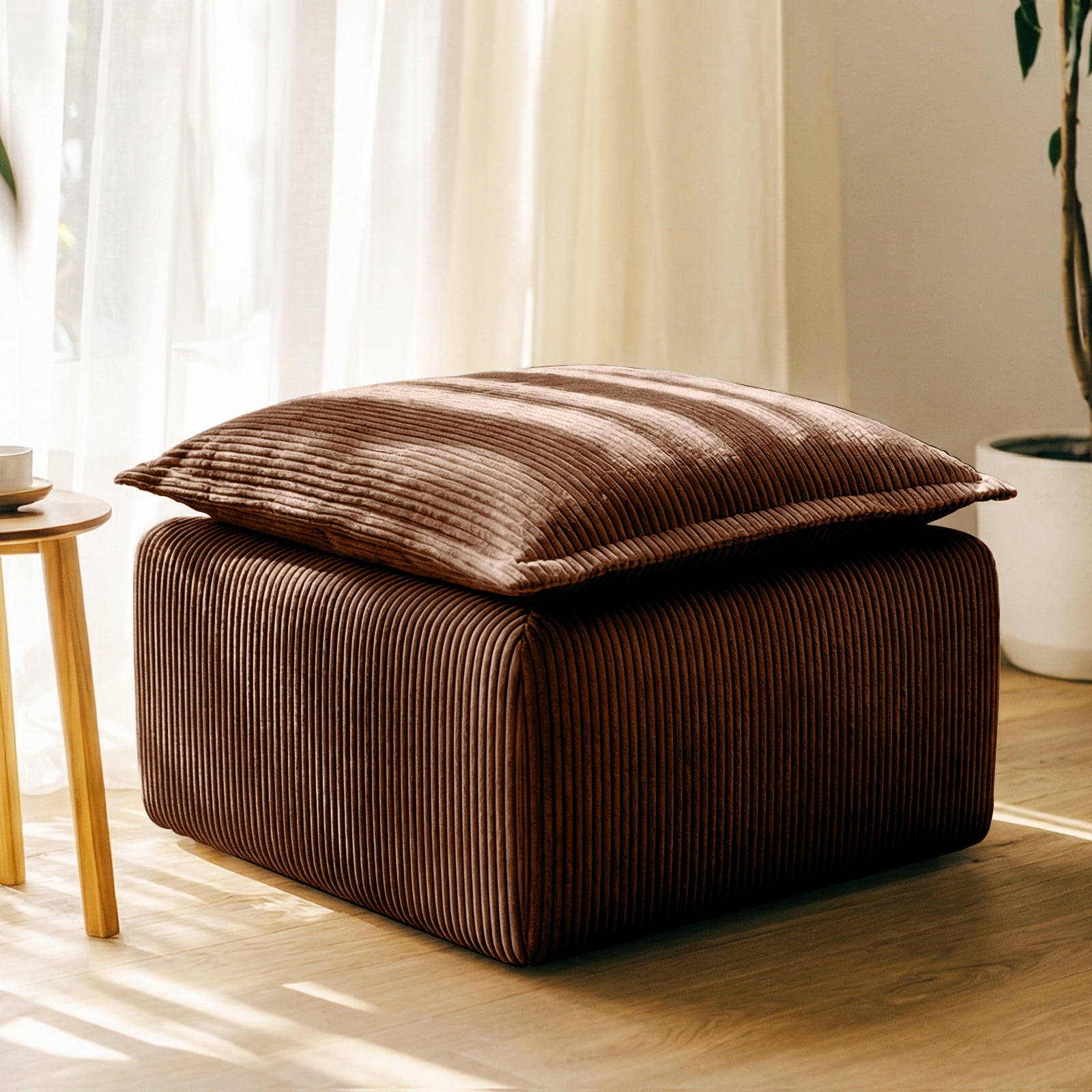 Corduroy Ottoman Pouf for Modular Sectional Sofa Upholstered Footrest Stool for Living Room Brown