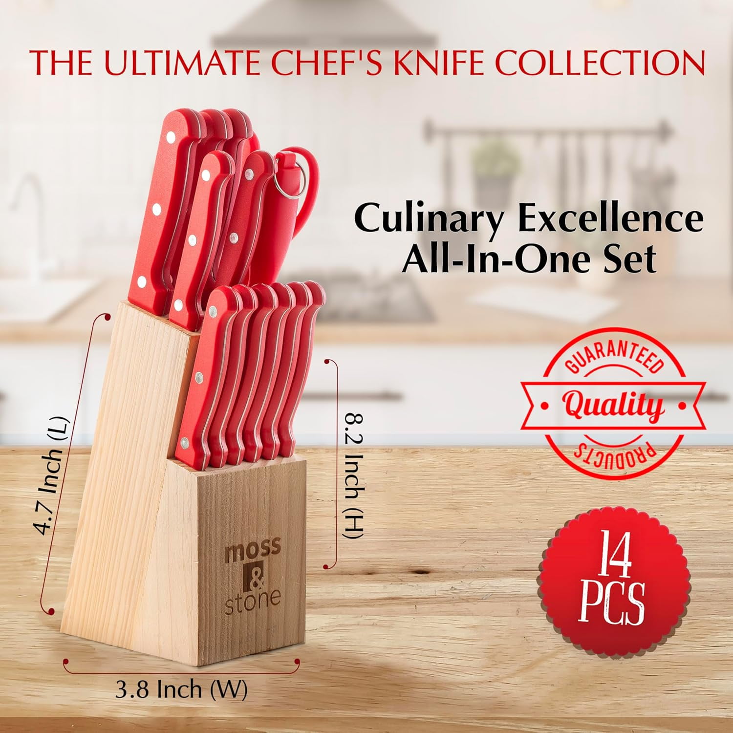Moss & Stone 14-piece Red Knife Block Set, Stainless Steel Knife Set Premium Kitchen knives Set With High-Carbon Stainless Steel Blades, And Wooden Block Set Cutlery Knife Set, Kitchen Knife Set