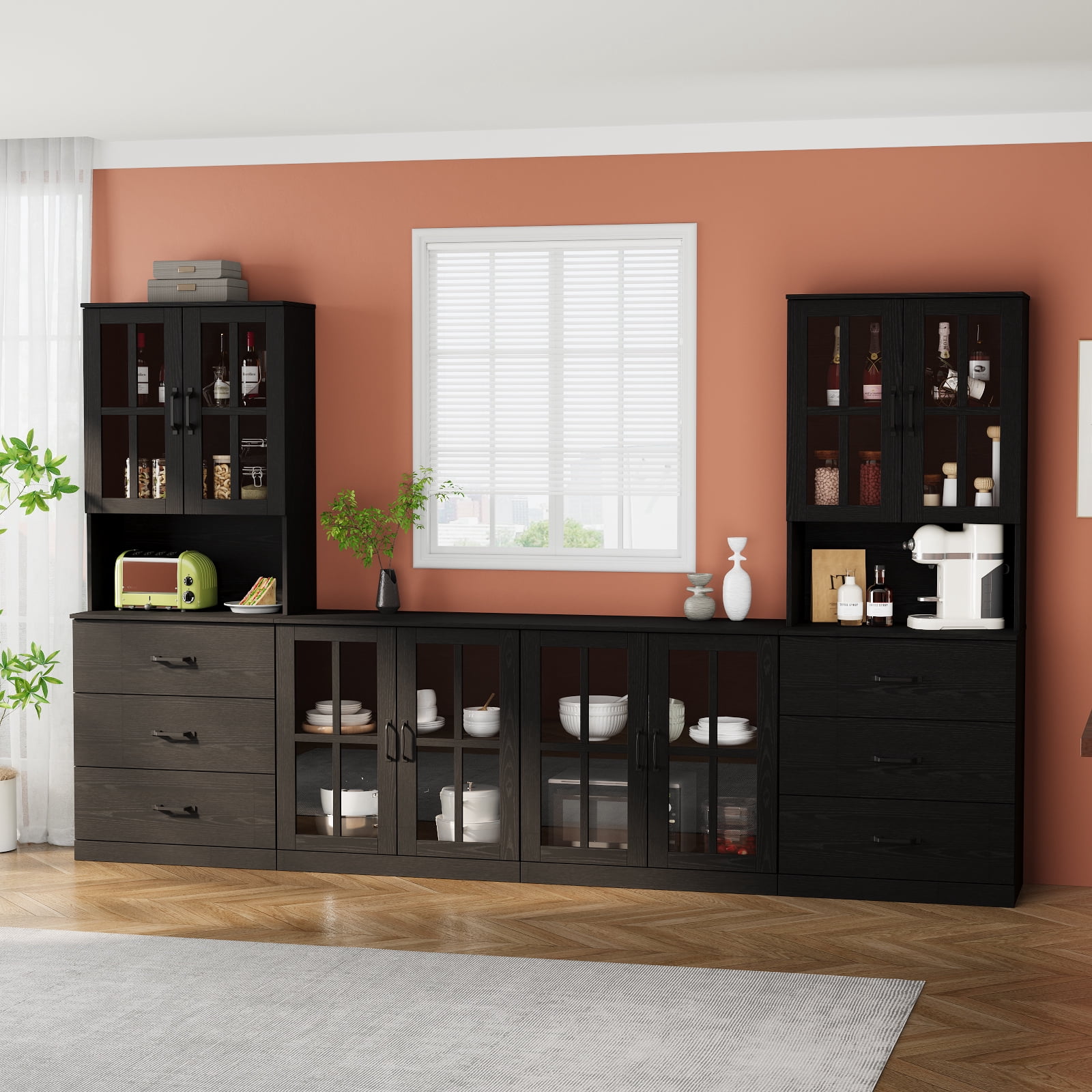 RichYa Kitchen Pantry Cabinet Set of 4,111" W Buffet Sideboard Coffee Bar with Glass Door Hutch,Modular Storage Cabinets with Shelves & Drawers for Dining Room,Black(CGGC)