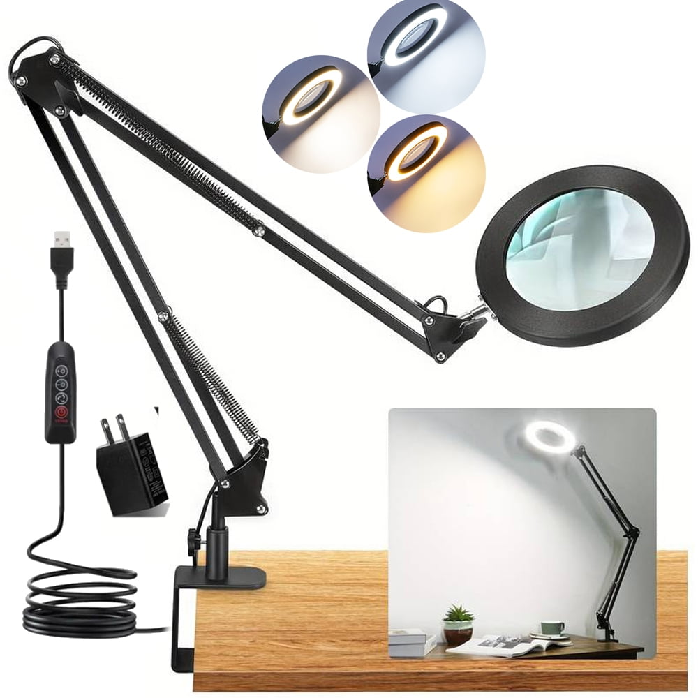 LED Magnifying Desk Lamp with Clamp, 5 Inch Real Glass Lens, 3 Color Modes Stepless Dimmable, 2-in-1 Stand & Clamp Mount, Hands Free for Close Work, Crafts & Hobby