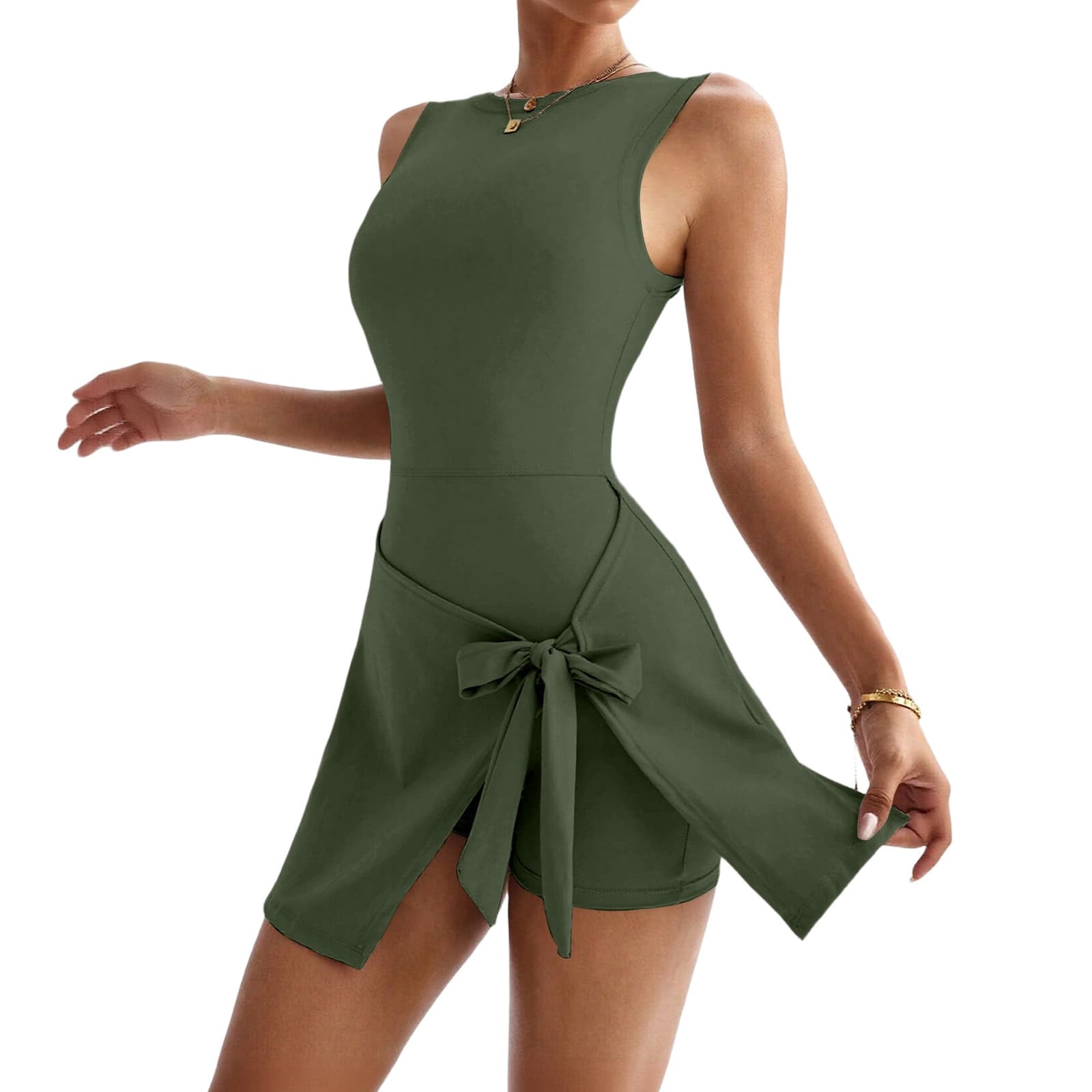 Miluxas Womens High Neck Tennis Dress Sleeveless Wrap Skirt Built in Shorts Golf Athletic Dress Workout Rompers Army Green