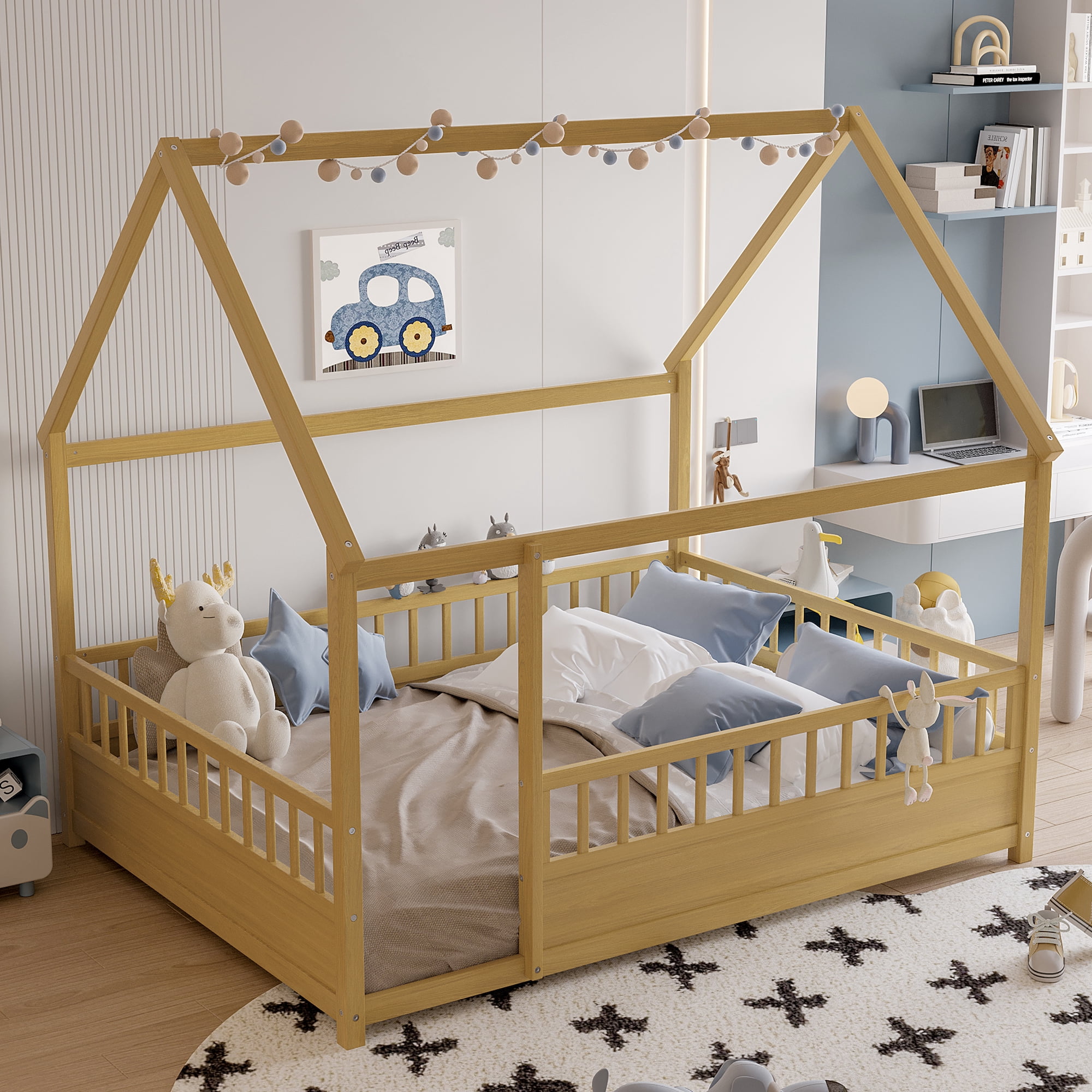 Floor Wooden Bed with House Roof Frame, Full Size Fence Guardrail Bed for Kids, Natural Pine Wood Children's Bedroom Furniture, 20-Inch High Fence with Roof Structure