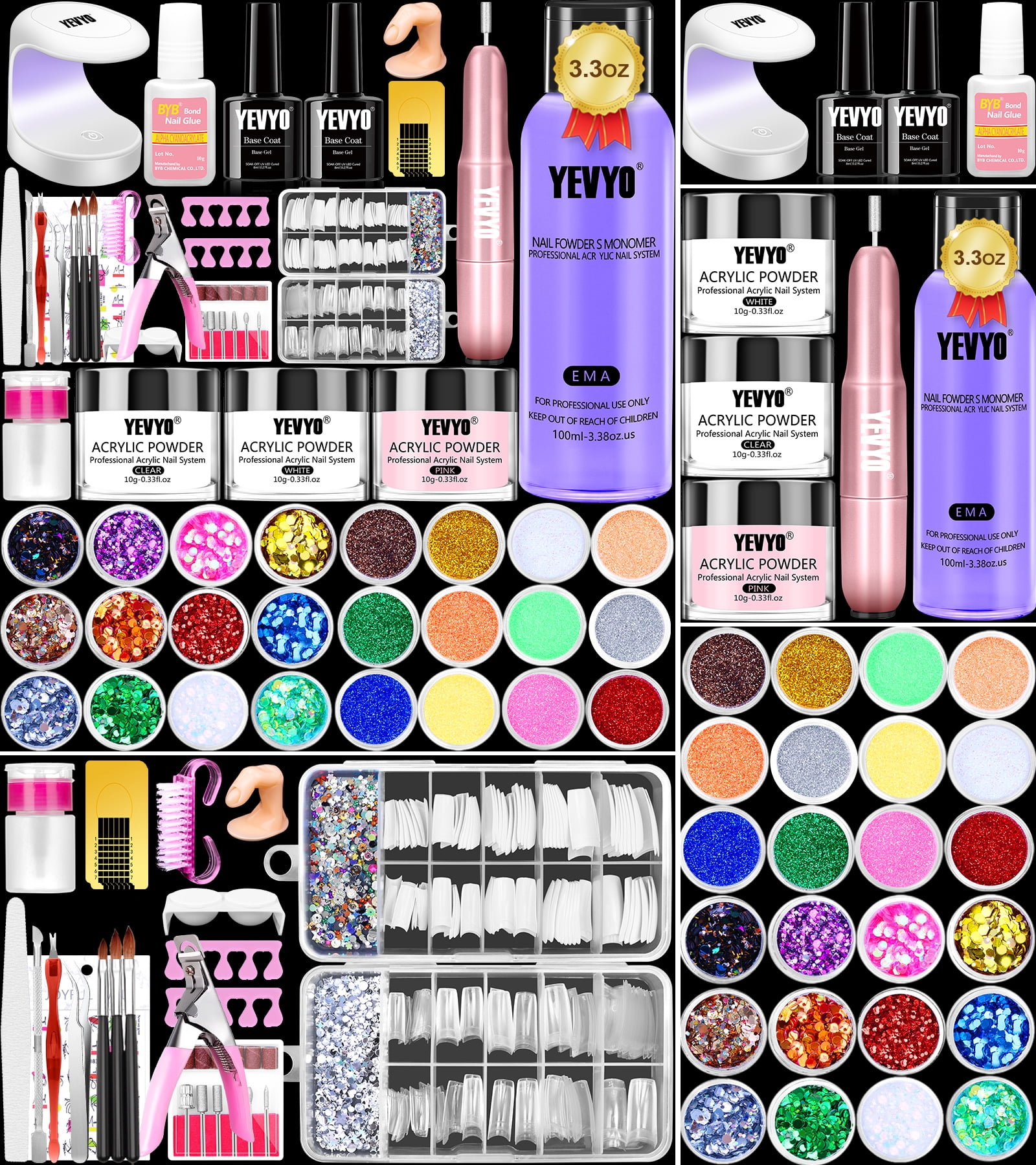 Acrylic Nail Kit with Nail Drill and UV Light, Professional Nail Kit Acrylic Set with Everything for Beginner , 24 Glitter Acrylic Powder Monomer Liquid Set with Nail Drill, Acrylic Brushes and 200 Pc