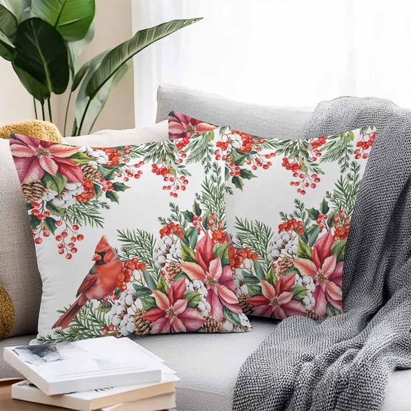 Throw Pillow Covers 24x24 Inch Set of 2, Cardinal Bird Waterproof Outdoor Pillow Covers, Winter Poinsettia Berry Pine Cones Floral Decorative Cushion Pillowcases for Couch, Sofa, Bed, Garden, Patio
