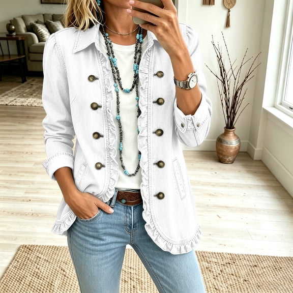 Stralyhd Jean Jackets for Women Ruffle Double Button V-Neck Top Long Sleeve Casual Denim Jacket Fall Winter Jean Coat White L