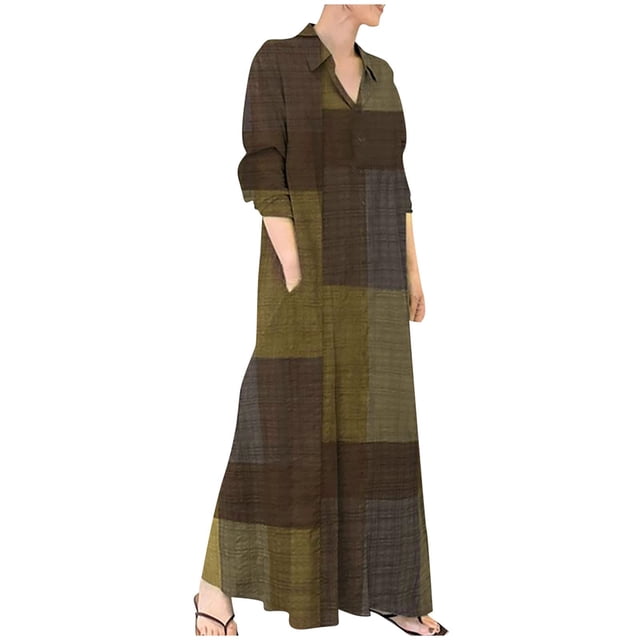 IDALL Robe Maxi à Imprimé Floral pour Femmes Automne 2024 Robes d'Invité de Mariage Manches Longues Enveloppantes Col en V Volants Ceinturées Ligne A Fluide Décontractée Taille Nouée Boho Robe de Soirée Z2-Café L