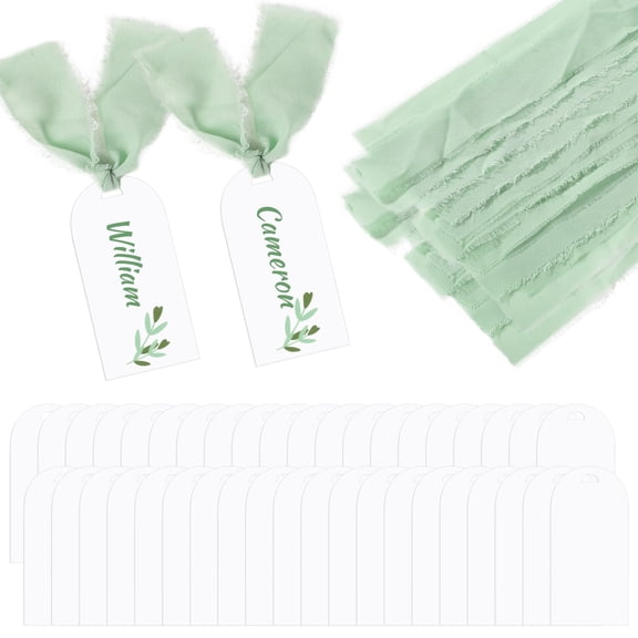 50 Pcs Green Ribbon Acrylic Place Cards, DIY Name Gift Tags, Markers for Wedding Parties Table Seating Cards, Blank Reserved