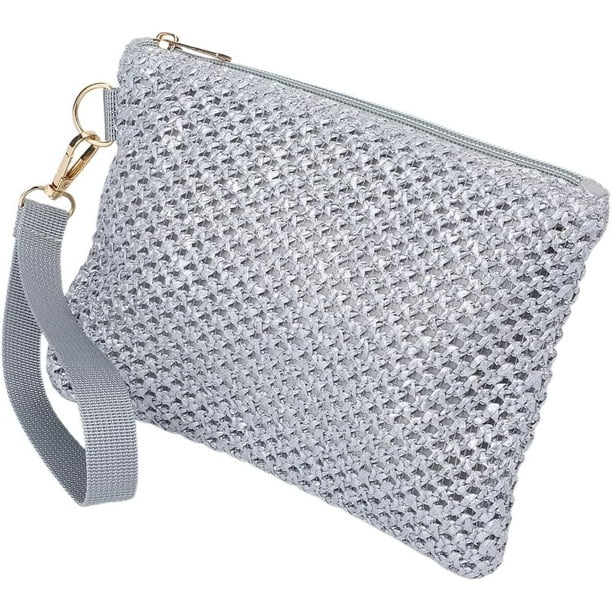 Bolsa de cosméticos tejida de paja plateada, bolsos de mano de paja para playa, bolsos de mano portátiles para vacaciones y viajes.