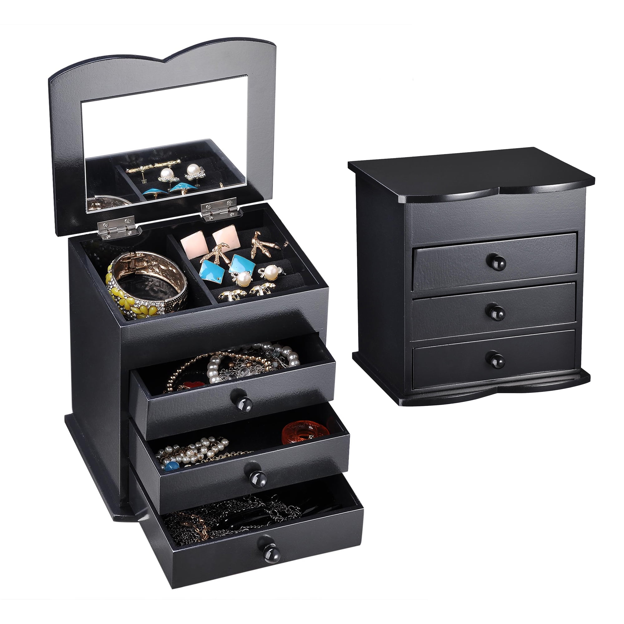 NEW Wooden Jewelry Box With Mirror Earring Ring Necklace Storage Case Organizer 