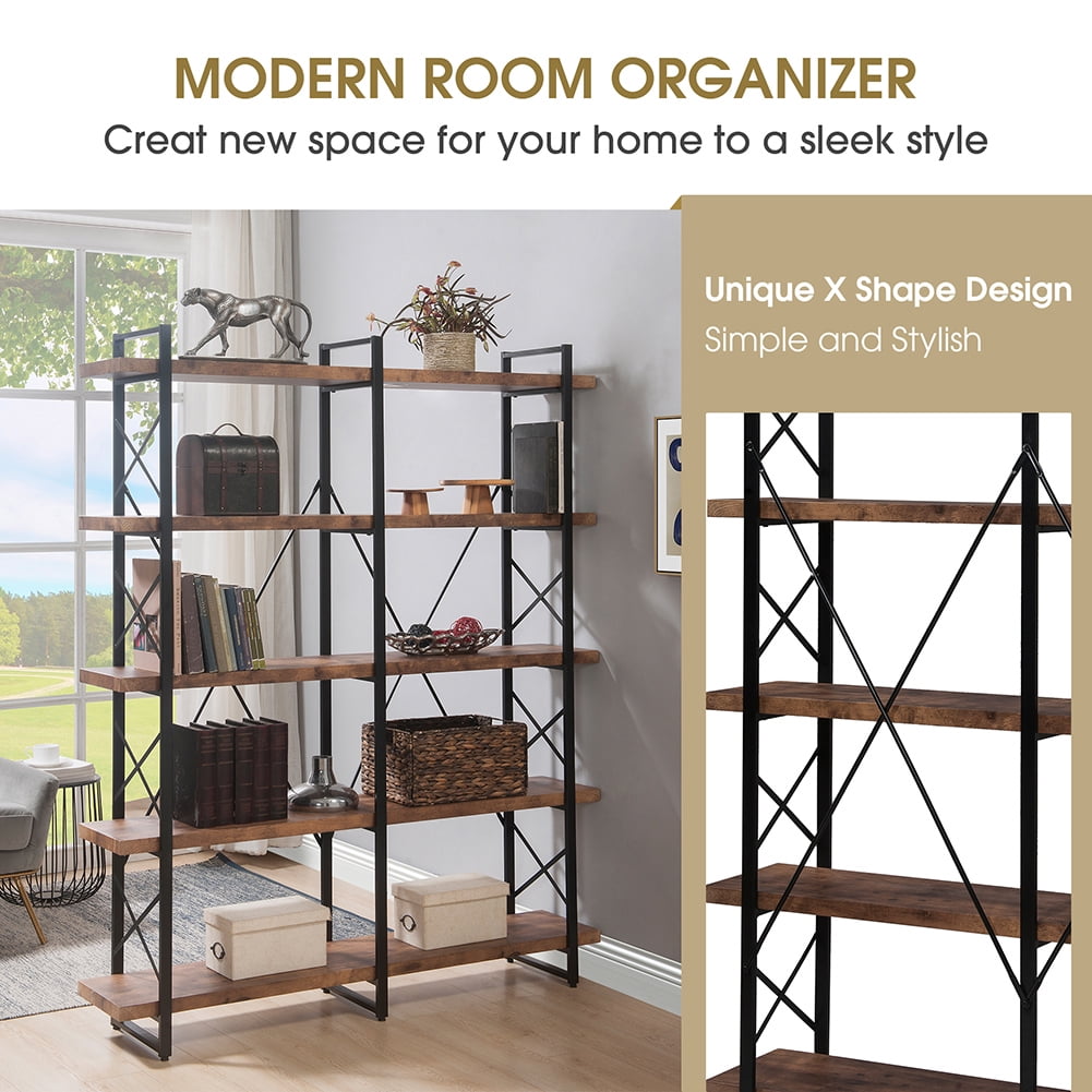 Resenkos 5-Tier Bookshelf, X Design Etageres Storage Shelf, Industrial Bookcase for Office with Metal Frame,Tiger Color