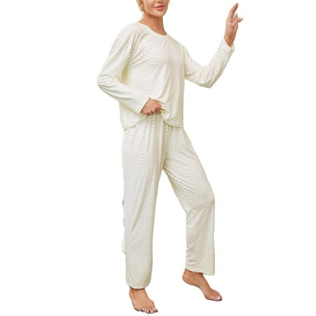

2pcs Set Casual Polka Dot Round Neck PJ Pant Sets Long Sleeve White Women s Pajama Sets (Women s)