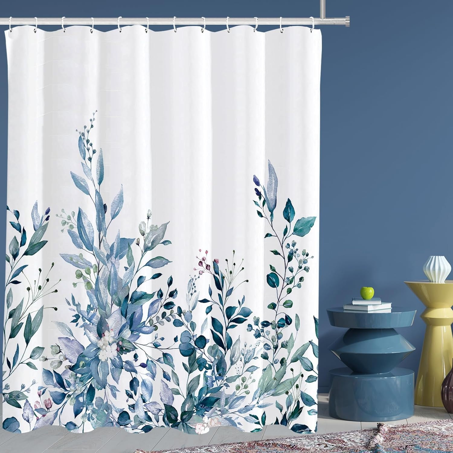 Blue Eucalyptus Leaves Shower Curtain, Watercolor Leaves Plant with Floral Bathroom Decoration Shower Curtain Sets 71x71 Inch with Hooks