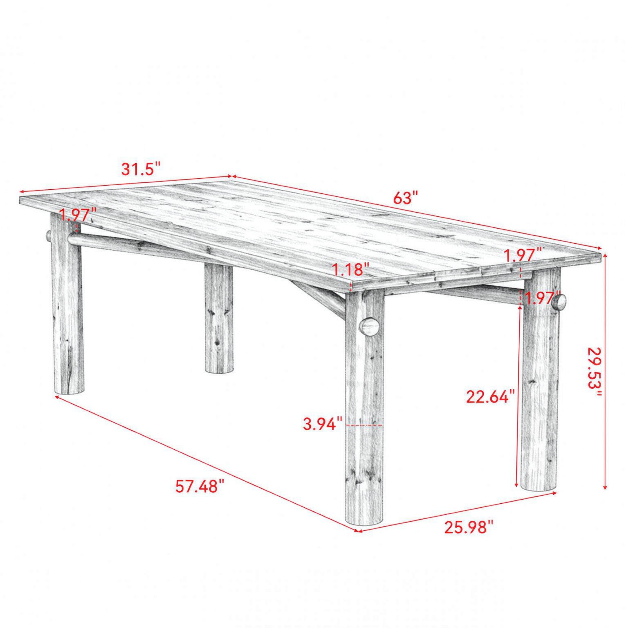 63 in Wood Dining Table, Farmhouse Style, Seats 4-6