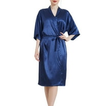 Defitshape Women's Satin Robe Short Sleeve Bathrobe Knee Length Lightweight Wedding Soft V Neck Bride Silky Sleepwear Navy Medium