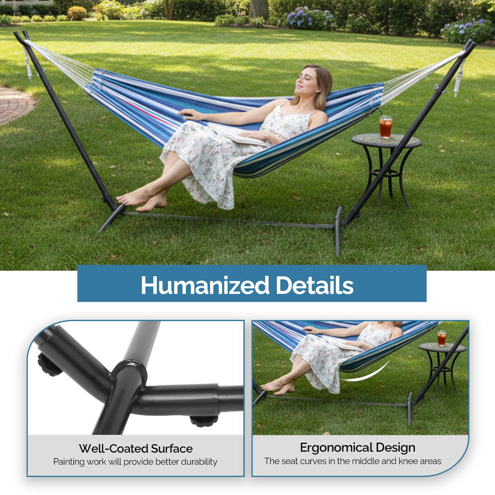 Ktaxon 9ft Yard Hammock Set, Patio Frame with Blue & Purple Striped Cotton Hammock