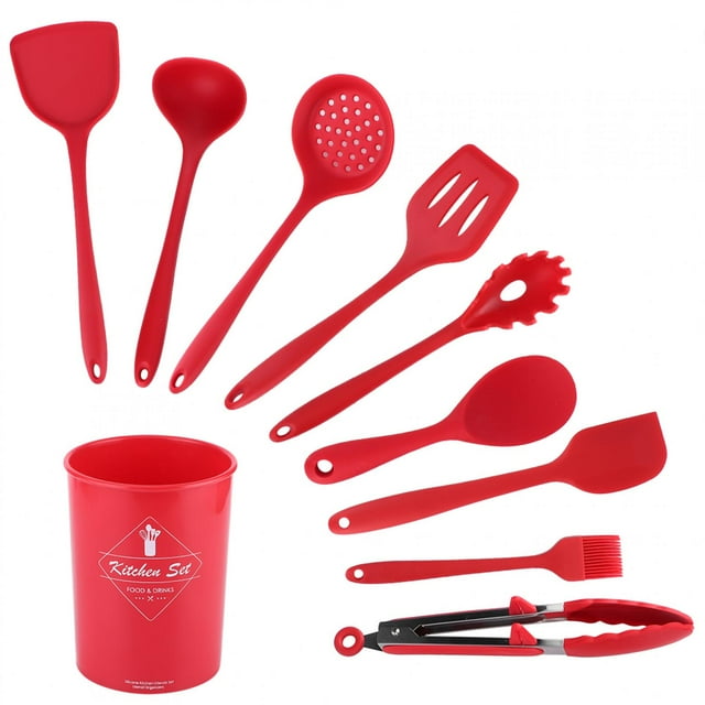 Ensemble d'Outils de Cuisson, Delaman 10pcs / Ensemble Rouge Silicone Anti?Stick Spatule Cuillère Ensemble Outils Ustensiles de Cuisine Ustensiles de Cuisine Accessoires de Cuisine