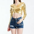 thumbnail image 4 of Hauts Métalliques pour Femmes 2026 Tendance Manches Longues Col en V T-Shirt Court Ajusté Y2K Sortie Tenues Rave, 4 of 8